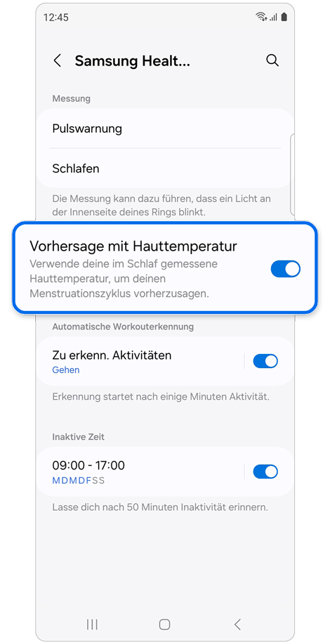 Startseite mit Samsung Health Einstellungen