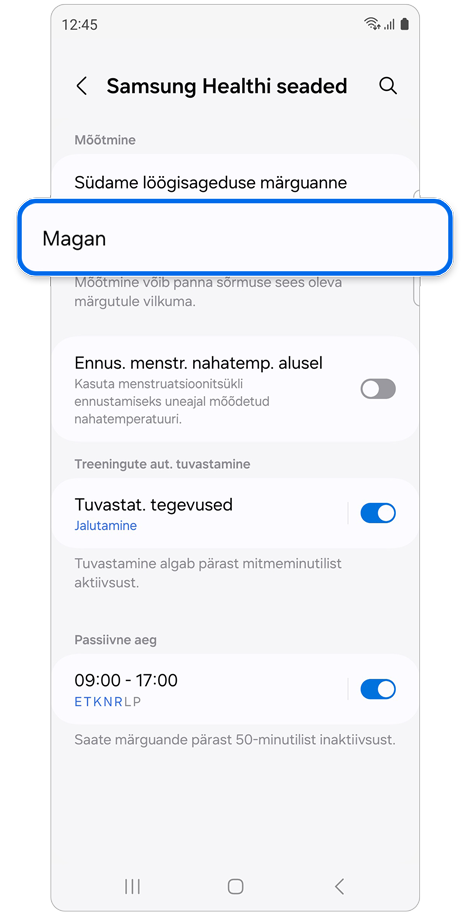 Samsung Healthi seadete avaleht
