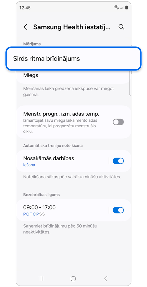 Samsung Health iestatījumu sākuma lapa