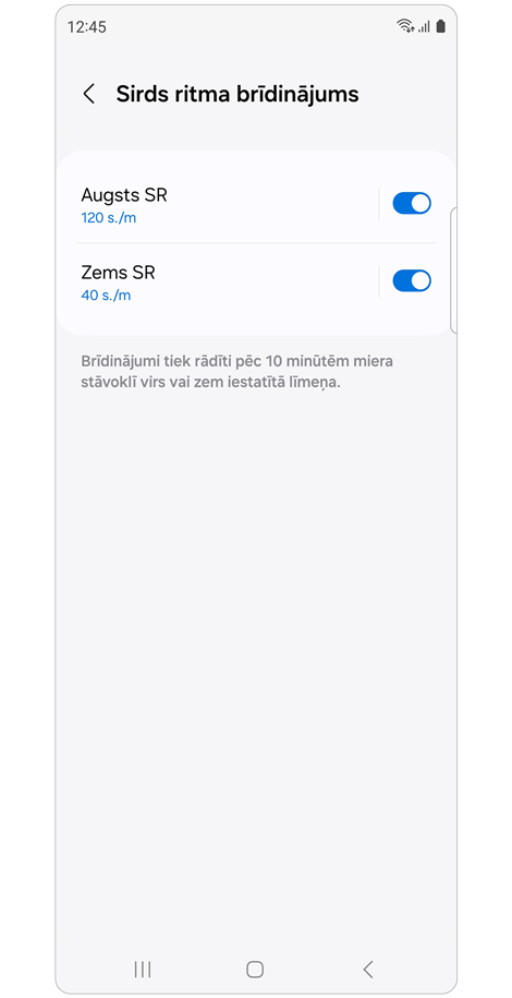 Galaxy Ring iestatījumi parametram Sirds ritma brīdinājums