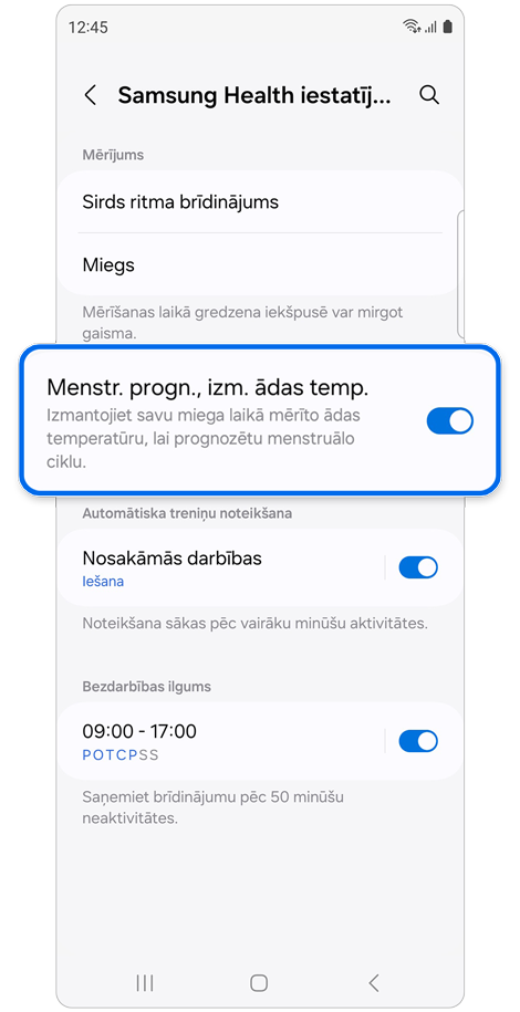 Samsung Health iestatījumu sākuma lapa