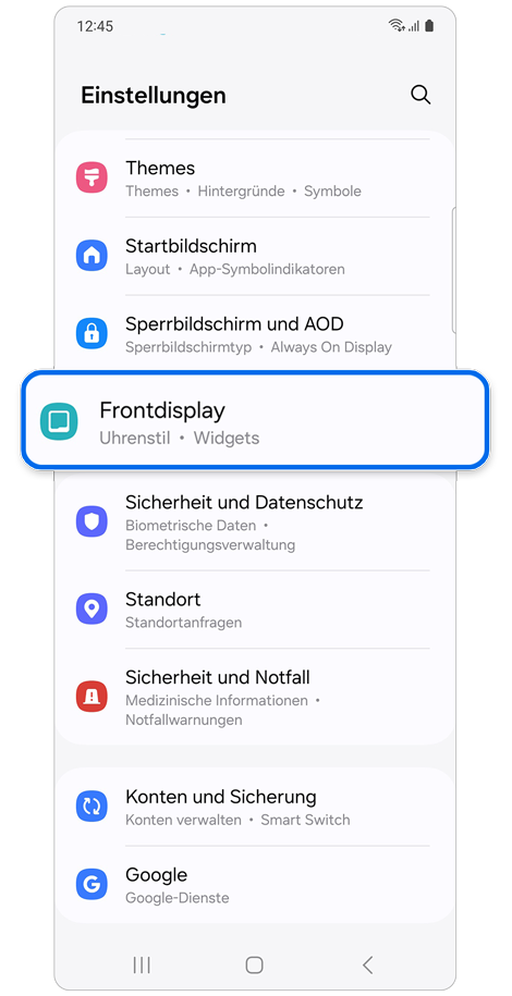 Startbildschirm der Einstellungen