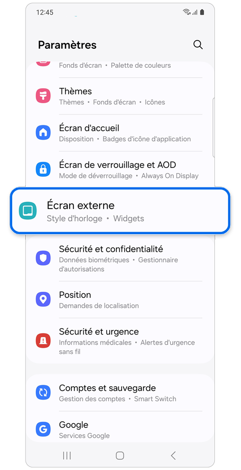 Écran d'accueil des paramètres