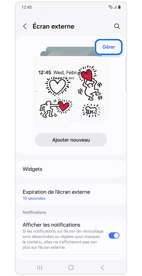 Paramètres de l'écran de couverture