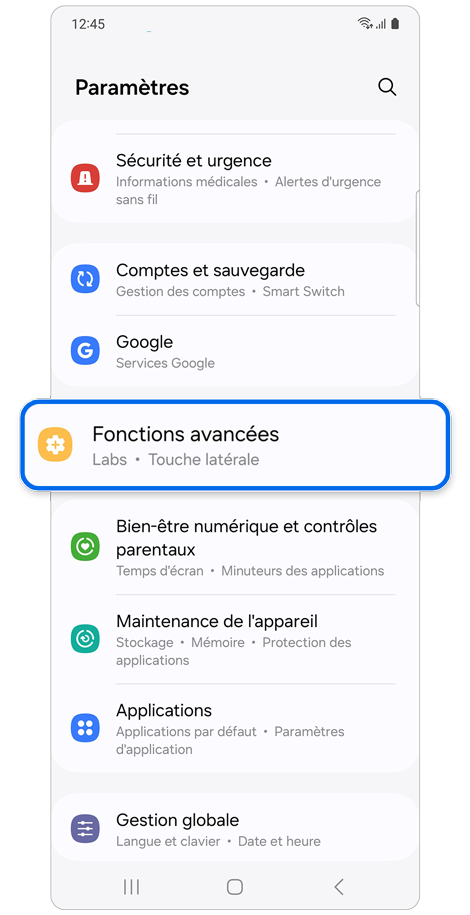 Page d'accueil des paramètres