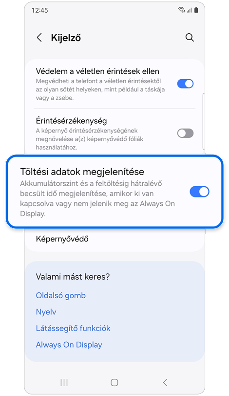 A Kijelző funkciók  listája.