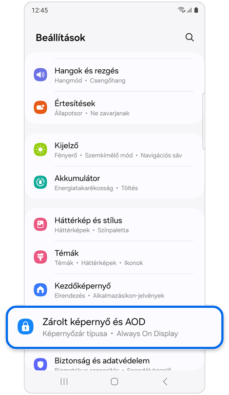 Beállítások kezdőképernyő.