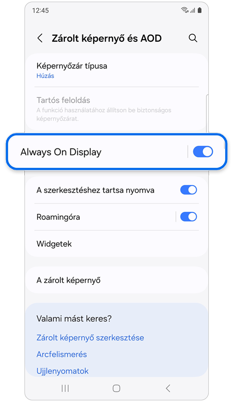 Zárolt képernyő és AOD funkciók.