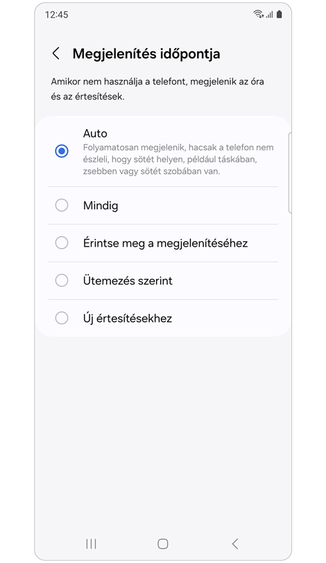 Opciók az óra és az értesítések megjelenítésére.