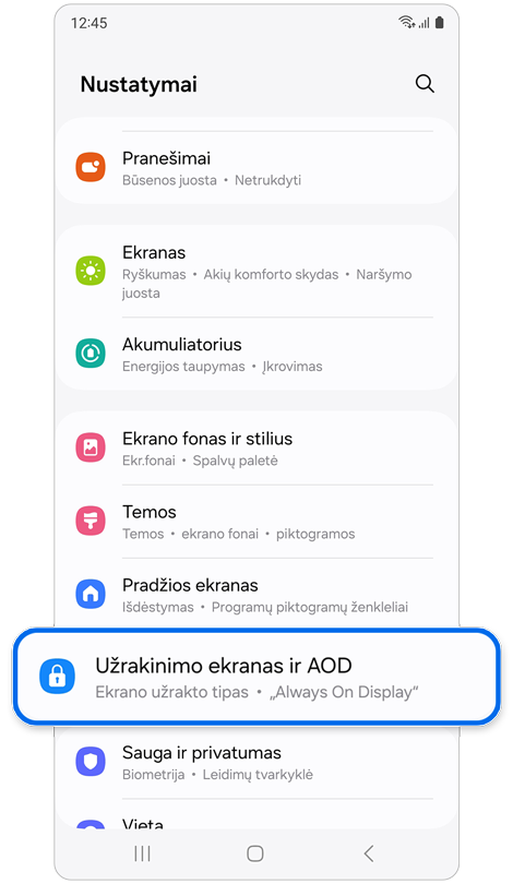Nustatymų pradžios ekranas.