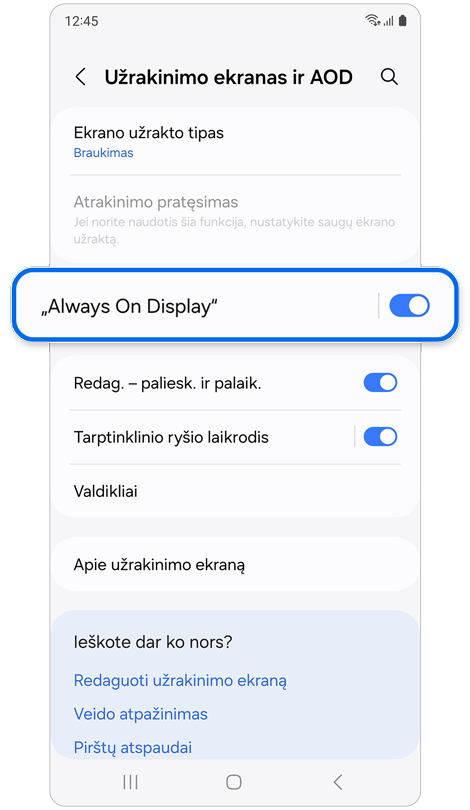 Užrakinimo ekrano ir AOD parinktys.