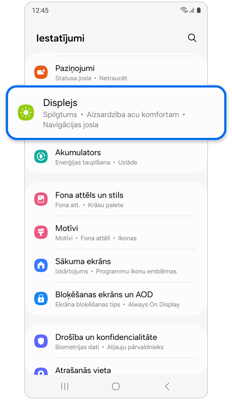 Sadaļas Iestatījumi sākuma ekrāns.