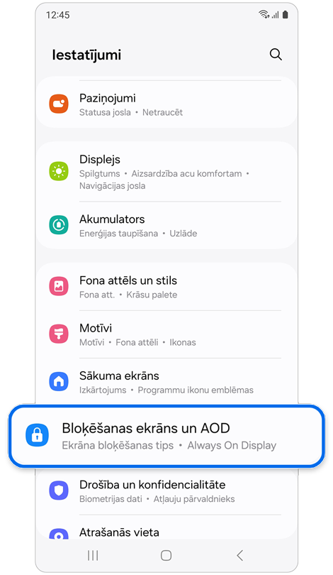 Sadaļas Iestatījumi sākuma ekrāns.
