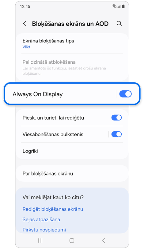 Opcijas Bloķēšanas ekrāns un AOD funkcijas.