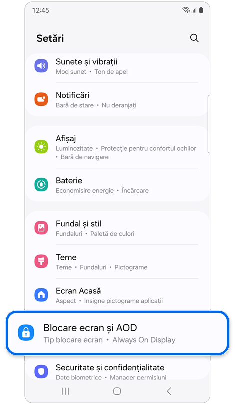 Ecranul de pornire Setări.