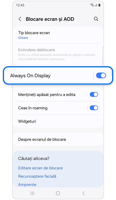 Funcțiile Blocare ecran și AOD.
