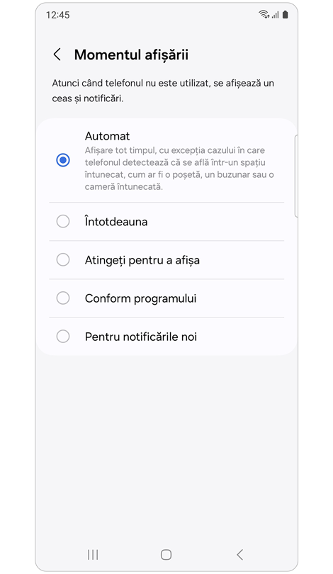 Opțiuni pentru când să se afișeze un ceas și notificări.