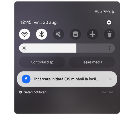 Panoul de acțiuni rapide al dispozitivului mobil Galaxy.