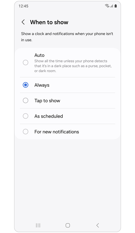 Options for when to show a clock and notifications.