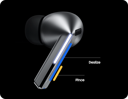Um fone de ouvido Galaxy Buds3 Pro com as áreas de Controle de Pinça e Controle de Deslize destacadas.