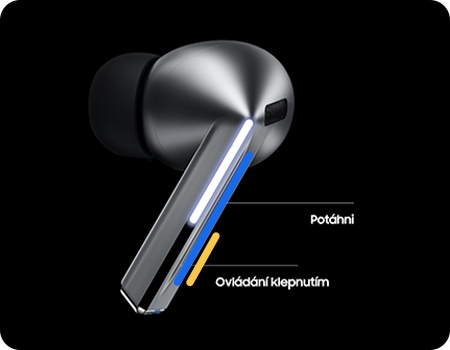 Sluchátko Galaxy Buds3 Pro se zvýrazněnými oblastmi Ovládání stažením a Ovládání přejetím.