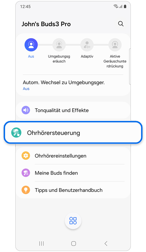 Startbildschirm der ausgewählten Ohrhörer