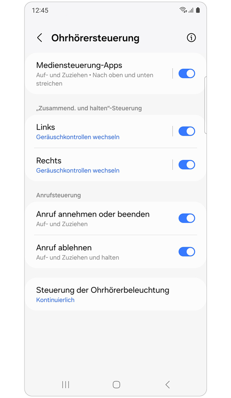 Bildschirm der Ohrhörersteuerung in der Galaxy Wearable App.