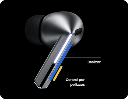 Un auricular Galaxy Buds3 Pro con las áreas de Control de Pinchazo y Control de Deslizamiento resaltadas.