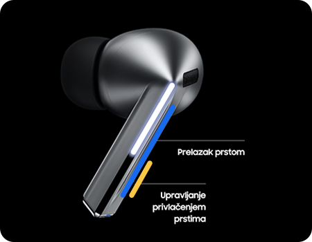 Slušalica Galaxy Buds3 Pro s istaknutim područjima za Pinch Control i Swipe Control.