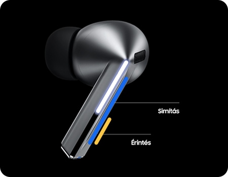 Egy Galaxy Buds3 Pro fülhallgató a Csippentésvezérlés és a Simításvezérlés területeinek kiemelésével.