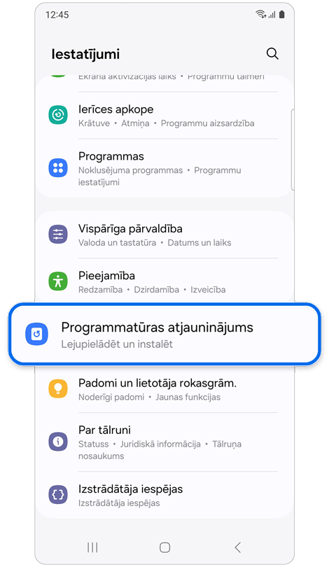 Sadaļas “Iestatījumi” sākuma ekrāns mobilajā Galaxy ierīcē.