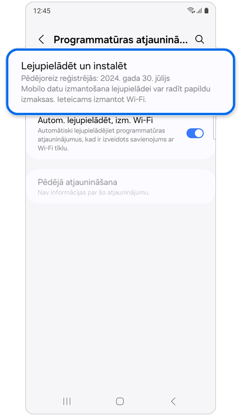 Sadaļas “Programmatūras atjaunināšana” ekrāns mobilajā Galaxy ierīcē.