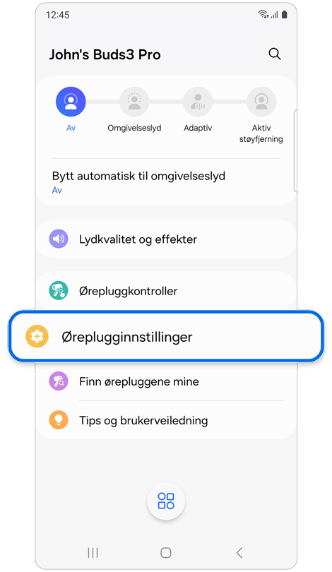Startskjermbilde for valgte øreplugger.