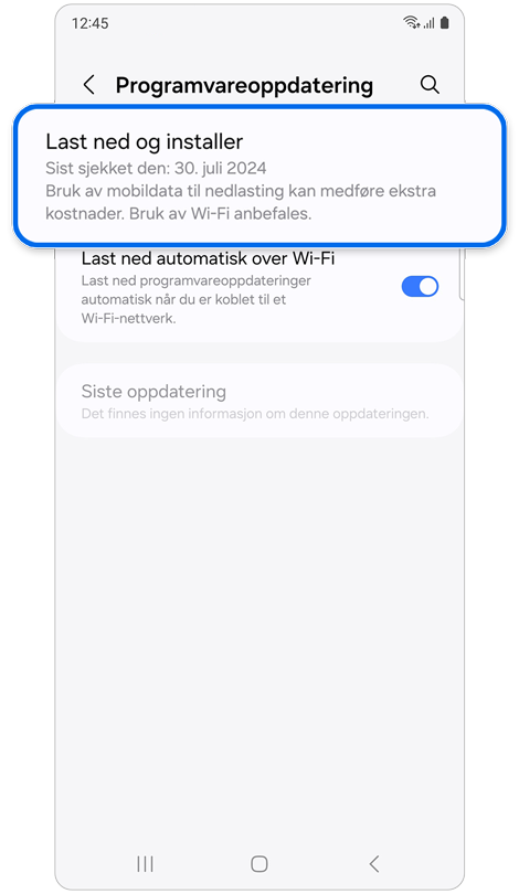 Skjermbildet "Programvareoppdatering" på en mobil Galaxy-enhet.
