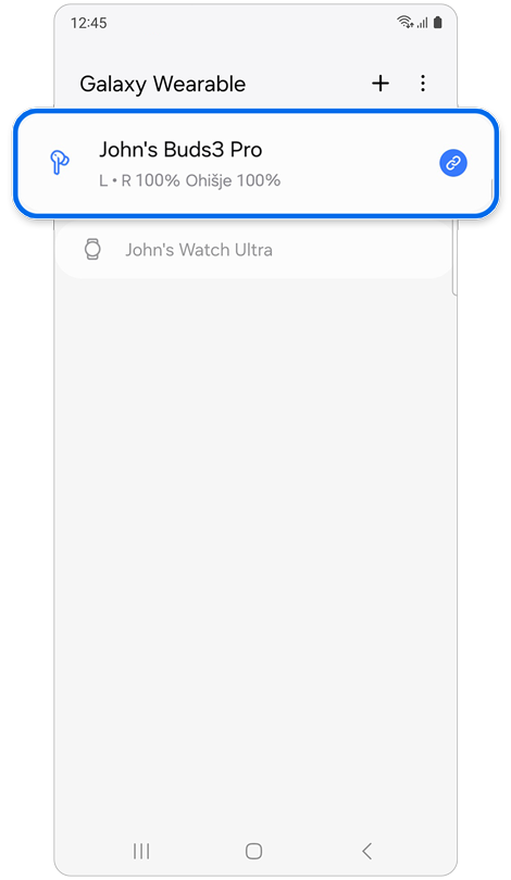 Seznam naprav v aplikaciji Galaxy Wearable, ki so seznanjene z napravo Galaxy.
