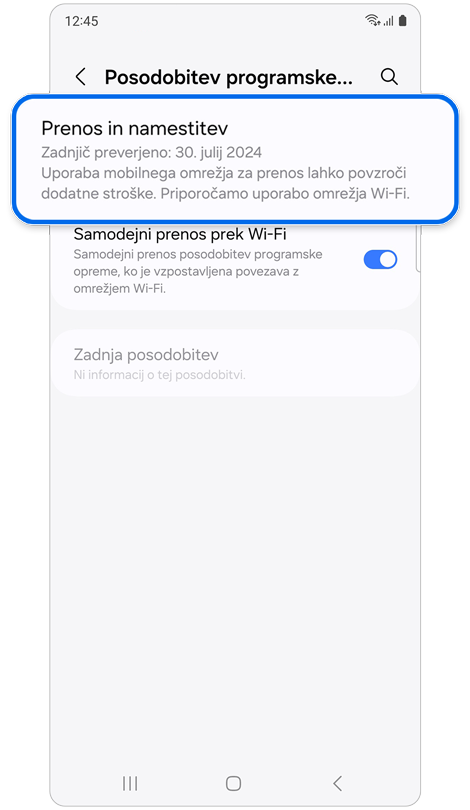 Zaslon »Posodobitev programske opreme« na mobilni napravi Galaxy.
