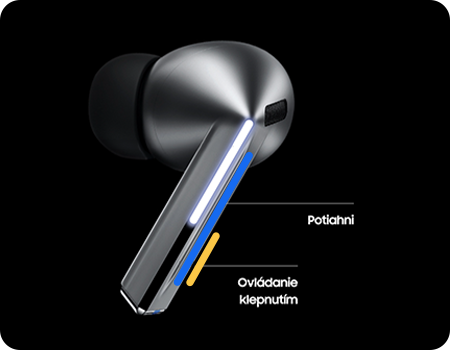 Slúchadlá Galaxy Buds3 Pro so zvýraznenými oblasťami Oblasť stisnutia a Oblasť posúvania.