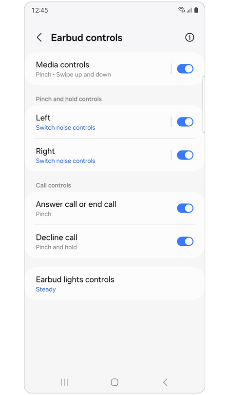 Earbud controls screen in the Galaxy Wearable app.