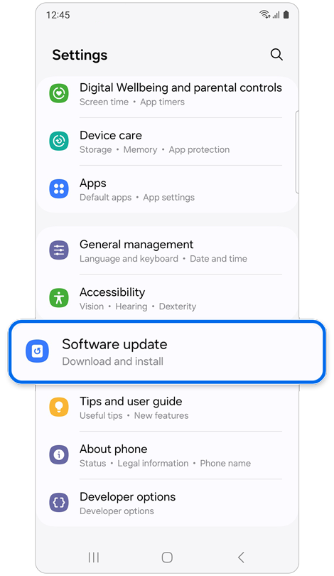 “Settings” home screen on a mobile Galaxy device.