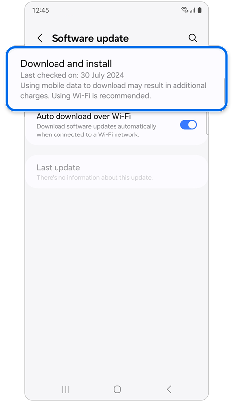 “Software update” screen on a mobile Galaxy device.