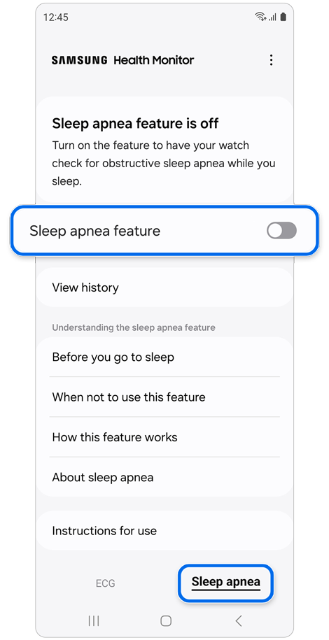 Samsung Health Monitor Sleep apnea tab.