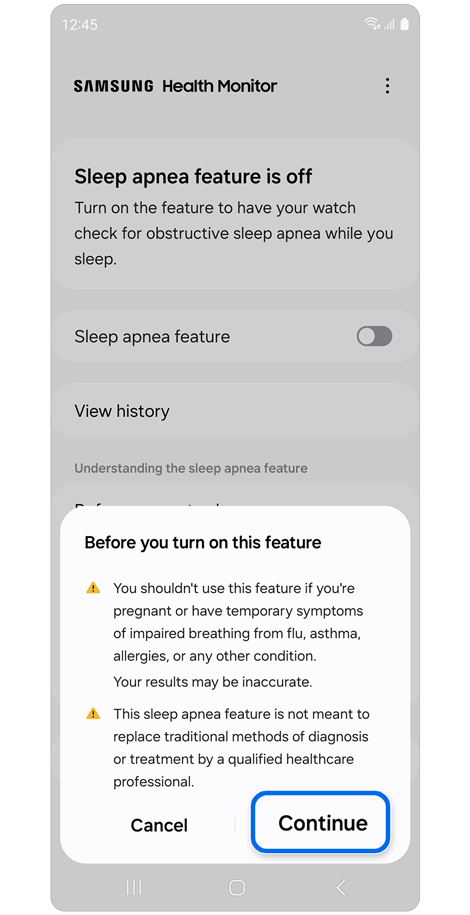 Pop up window with precautions.