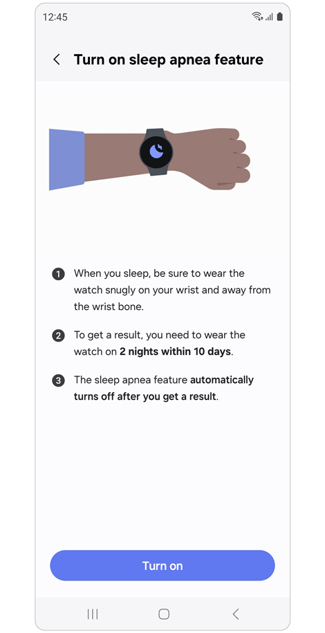 Instructions for sleeping with your Galaxy Watch while using the Sleep apnea feature.