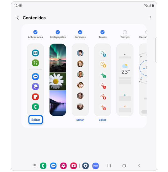 Opciones en Paneles Edge.