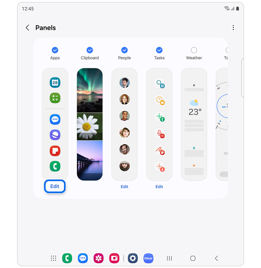 Options in Edge panel.