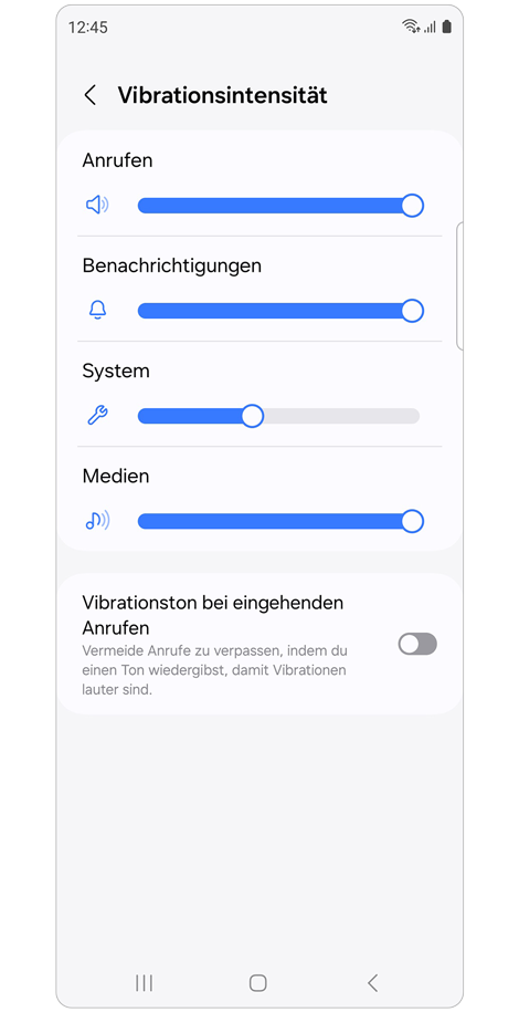 Bildschirm mit den Einstellungen der Vibrationsintensität