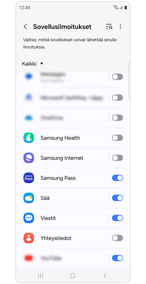 Sovellusilmoitukset-näyttö.