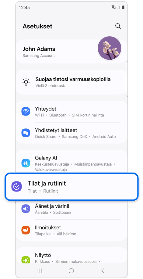 Asetukset-aloitusnäyttö.