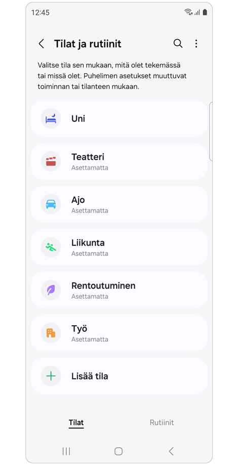 Tilat ja rutiinit -etusivu.