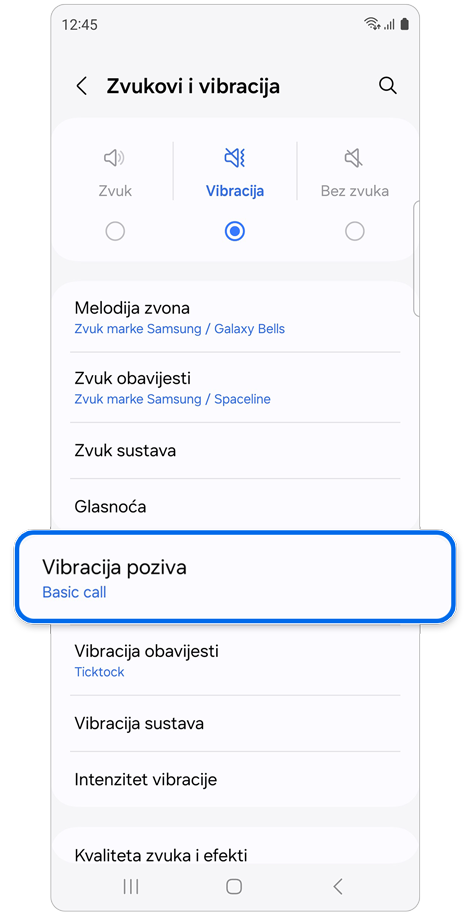Zvukovi i vibracije početni zaslon.